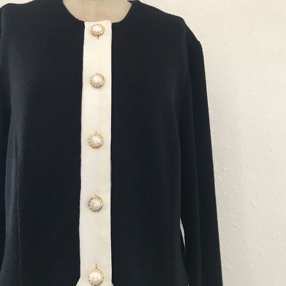 Vintage Black Knit Satin Classic Long Sleeve Button Front Cardigan Sweater - M/L - Picture 5 of 9